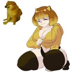 :3 animal_ears blonde_hair bob_cut breasts cheems cleavage dog_ears female half-closed_eyes hoodie humanized large_breasts medium_hair meme nezulet panties r/dogelore shiba_inu skindentation smug squint thick_thighs thighhighs voluptuous