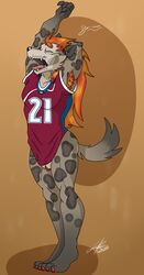 2020 absurd_res anthro armpit_hair ball_tuft balls biped black_nose body_hair bodypaint bone bottomless claws closed_eyes clothed clothing colorado_avalanche digital_media_(artwork) ear_piercing ear_ring face_paint flaccid forsburn fur genitals hair hi_res hyaenid jersey lovers_of_aether male male_only mammal muscular muscular_male nhl open_mouth piercing rivals_of_aether simple_background skull solo spotted_hyena stretching sylvanedadeer tattoo teeth tongue tongue_out tongue_piercing topwear tuft video_games yawn