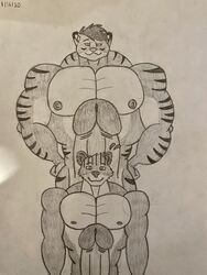 absurd_res big_muscles felid genitals hi_res huge_muscles humanoid_penis hyper hyper_muscles male_only mammal muscular ominous pantherine penis tiger traditional_media_(artwork) ursid