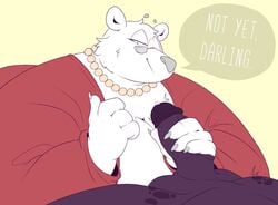 anthro bernice_(seldom) big_breasts breasts cleavage clothed clothing duo female genitals handjob huge_breasts male mammal overweight penile penis polar_bear seldom sex straight ursid ursine