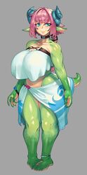 1girls :) barefoot blue_eyes choker dragon dragon_girl eigaka fantasy female female_only glistening green_scales horns huge_breasts large_breasts long_ears nina_(eigaka) pink_hair sarong smile solo solo_female tail thick_thighs wide_hips