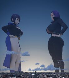 2girls 3d big_breasts black_eyeshadow boots cape clothing_swap cosplay crossover crossover_cosplay dc dc_comics female female_only giantess giga_giantess grey_skin kamicamie kyoka_jiro kyoka_jiro_(cosplay) looking_at_another my_hero_academia purple_hair rachel_roth raven_(cosplay) raven_(dc) shounen_jump skyline teen_titans thick