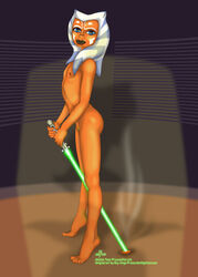 1girls 2008 ahsoka_tano blue_eyes breasts clone_wars coruscant darklightsun female female_focus female_only green_lightsaber guy_ainge jedi jedi_padawan jedi_temple lightsaber looking_at_viewer nipples nude pose simple_background small_breasts solo star_wars text the_clone_wars:_season_one togruta watermark