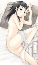 bandage bandages barefoot black_hair blush earrings feet jewelry koga_norio long_hair lying narutaru nude pillow trap udk