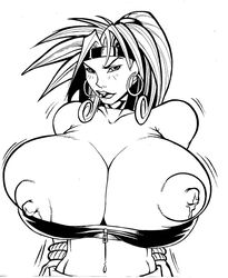 1girls areolae battle_chasers big_breasts breasts earrings female hoop_earrings large_breasts nipples red_monika solo sounekou_garie tagme