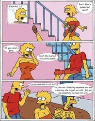 1boy 2girls ahe_gao alternate_breast_size bart_simpson breasts cleavage comic daughter dress female heels huge_breasts human large_breasts lisa_simpson living_room male marge_simpson milf mini_dress mother necklace perky_breasts sleeping son straight the_fear the_simpsons vomit