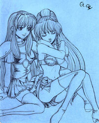 2girls armor autumn_sacura bra closed_eyes eirika_(fire_emblem) female female_only fire_emblem fire_emblem:_the_sacred_stones gloves lap_sitting lineart lingerie monochrome multiple_girls panties pegasus_knight princess sitting sitting_on_lap sitting_on_person skirt tana_(fire_emblem) thighhighs undressing yuri