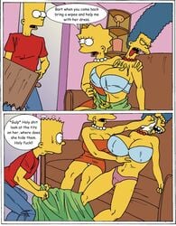 2girls ahe_gao alternate_breast_size bart_simpson blue_hair bra breasts cleavage comic couch daughter dress female huge_breasts human large_breasts lisa_simpson living_room long_hair male marge_simpson milf mini_dress mother panties perky_breasts sleeping son sweat teeth the_fear the_simpsons thong tongue tongue_out upskirt very_long_hair vomit