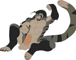 anthro balls black_hair blue_eyes dazen_cobalt feline fur furry hair male male_only nude penis pink_nose solo tiger