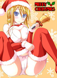 agrias_oaks areola areolae bell big_breasts blonde_hair blush bra braid breasts cameltoe christmas d_kurouri erect_nipples female female_only final_fantasy final_fantasy_tactics final_fantasy_tactics_(original) hat huge_breasts human large_breasts lingerie midriff nipple_slip nipples panties santa_costume santa_hat single_braid snowflakes solo spread_legs stocking_cap thighhighs underboob underwear