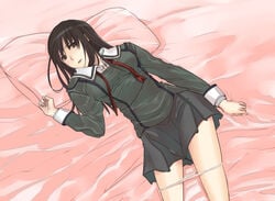 3u azuki_miho bakuman bed bed_sheet black_hair lying on_back panties panty_pull pillow school_uniform serafuku skirt solo underwear undressing