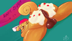 2020 anthro anus ass balls big_butt blush brown_body brown_eyes brown_fur clothing curled_tail darkened_genitalia digital_media_(artwork) food fruit fur genitals girly hat headgear headwear hi_res looking_at_viewer looking_back male nude painting_(artwork) plant presenting puffy_anus ral raljoy rear_view simple_background solo strawberry tojol traditional_media_(artwork) whipped_cream