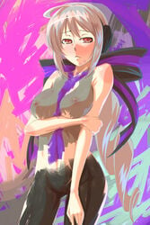 1girls bodypaint breasts false_clothes female long_hair nude painted_clothes red_eyes ribbon silver_hair solo tro vocaloid voyakiloid yowane_haku