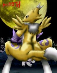 anthro anus back_view color digimon female female_only fur furry malroth moon night nude outdoors renamon solo squatting tagme vulva