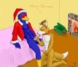 anthro color falco_lombardi fellatio fox fox_mccloud fur furry furry_only gay indoors interspecies male male_only multiple_males nintendo no_humans oral pheasant star_fox yaoi