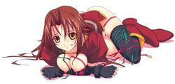 asymmetrical_clothes breasts brown_hair clothes cosmetics eclair_(kiddy_grade) gloves hair kiddy_grade lipstick_tube makeup murakami_suigun nipples one_thighhigh ribbon ribbons single_thighhigh thighhighs