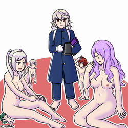 1boy 4girls barefoot breasts camilla_(fire_emblem) clothed_male_nude_female completely_nude_female corrin_(fire_emblem) corrin_(fire_emblem)_(female) corrin_(fire_emblem)_(male) eyes_closed feet fire_emblem fire_emblem:_the_blazing_blade fire_emblem_awakening fire_emblem_fates gray_hair hinoka_(fire_emblem) large_breasts long_hair lyn_(fire_emblem) lyndis_(fire_emblem) manakete medium_breasts mouth_open naked navel nintendo nipples nude nude_female purple_hair red_hair robin_(fire_emblem) robin_(fire_emblem)_(female) rukotaro short_hair small_breasts sweat tagme tired toes video_games white_background white_hair