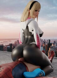 1boy 1girls 3d 3d_(artwork) ass ballet_slippers big_ass blender blonde_hair bodysuit buttjob erection faceless_male female gwen_stacy hairband looking_back male marvel mavixtious penis peter_parker spider-gwen spider-man spider-man_(series)