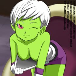 1girls alien alien_girl areolae armor battle_armor breasts cheelai clothes dragon_ball dragon_ball_super dragon_ball_super_broly elastic_armor eye_contact female female_only flashing gloves green_skin humanoid looking_at_viewer nipples pink_eyes short_hair small_breasts solo text theofficialmaterooni topless watermark white_hair wink