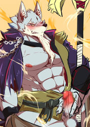 abs anthro balls biped black_nose canid canine canis censored clothed clothing fur genitals grey_body grey_fur hi_res humanoid_penis kadzu law_(sdorica_sunset) mace male male_only mammal masturbation melee_weapon muscular muscular_male nipples pecs penis sdorica sdorica_sunset solo weapon wolf