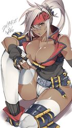 1girls abs alternate_color arm_belt artist_name bare_shoulders belt belts brown_eyes buckle buckles cleavage clothed clothed_female clothing collarbone covered_breasts covered_navel dark-skinned_female dark_skin dated female female_focus female_only fingerless_gloves fingernails gender_transformation genderswap_(mtf) gloves guilty_gear guilty_gear_xrd headband headgear headwear highres hot_pants hotpants jk0073 kuma_(jk0073) large_breasts legwear lips long_hair looking_at_viewer muscle muscles muscular muscular_female parted_lips ponytail rule_63 shiny shiny_hair shiny_skin signature socks sol_badgal sol_badguy teeth thigh thigh_strap thighhighs thighs tight_clothing white_background white_hair white_legwear