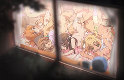 4boys 4girls atsuage_(kakinop) black_eyes blonde_hair bottomless breast_grab bukkake closed_eyes cum grabbing green_eyes group_sex highres medium_hair multiple_boys multiple_girls night nipples nude open_mouth orange_hair orgy original spread_legs tan twintails