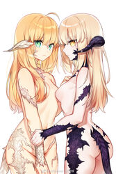 2girls ahoge areolae arm_grab artoria_pendragon artoria_pendragon_(alter) artoria_pendragon_(saber) ass au_ra blonde_hair breasts censor_hair cowboy_shot eyebrows_visible_through_hair fate/grand_order fate_(series) female final_fantasy final_fantasy_xiv green_eyes high_resolution horns in_profile kamiowl long_hair looking_at_viewer multiple_girls navel nude raen sidelocks simple_background small_breasts tail weibo_username white_background xaela yellow_eyes