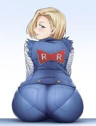 1girls android_18 ass back_view big_ass big_butt blonde_hair blue_eyes blush clothed clothing digital_media_(artwork) dragon_ball dragon_ball_z earrings eye_contact female female_focus female_only hair_over_one_eye huge_ass huge_butt jeans large_ass looking_at_viewer looking_back pantylines presenting presenting_ass short_hair simple_background sitting solo solo_female solo_focus tenguro tight_clothes tight_clothing tight_jeans tight_pants