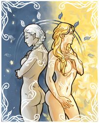 2girls ass blonde_hair breasts edit elf female female_only grey_hair indis long_hair lord_of_the_rings miriel_therinde multiple_girls nipples nude pointy_ears the_silmarillion thighs