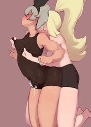 2futas bea_(pokemon) blonde_hair blush bodysuit clothed cum cum_in_pussy cum_inside cum_while_penetrated dark-skinned_female dark_skin futa_on_futa futanari interracial intersex korrina_(pokemon) long_hair nintendo nipple_tweak pokemon pokemon_ss pokemon_xy ponytail short_hair shorts silver_hair small_breasts stomach_bulge sweat thick_thighs topless umonebi wide_hips