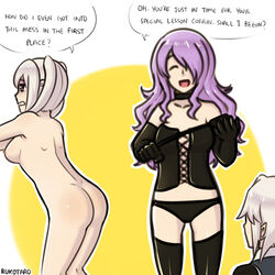 1boy 2girls ass black_gloves black_panties camilla_(fire_emblem) clothed_female_nude_female clothed_male_nude_female collar corrin_(fire_emblem) corrin_(fire_emblem)_(male) corset dominatrix elf fire_emblem fire_emblem_awakening fire_emblem_fates high_heels manakete nintendo nipples nude panties robin_(fire_emblem) robin_(fire_emblem)_(female) rukotaro strapless_clothing submissive tagme whip