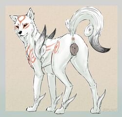 amaterasu anatomically_correct anatomically_correct_anus anatomically_correct_genitalia anatomically_correct_pussy animal_anus animal_genitalia animal_pussy animal_tail anus ass black_eyes canid canine canine_pussy canis capcom deity female feral fur genitals gloomy_hound highres in_heat looking_at_viewer looking_back mammal okami presenting presenting_anus presenting_hindquarters presenting_pussy pussy rear_view simple_background solo white_fur wolf