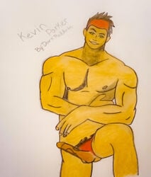 1boy bara brown_hair darkredarts erect_nipples erection gay green_eyes green_hair hair kevin_parker male_only muscular oc penis_out presenting pubic_hair red_hair shorts_aside smile two_tone_hair yaoi yellow_skin