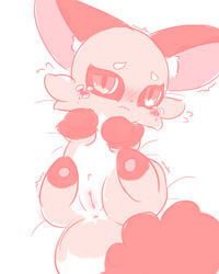 1girls :s anus bedding big_ears blush bodily_fluids canine chibi countershading female feral fur furry genitals inner_ear_fluff legs_up looking_at_viewer lying monochrome nakimayo nickit nintendo on_back pawpads paws pink_pawpads pokemon pokemon_(species) pokemon_ss pussy red_body red_fur shy sketch soft solo spread_legs spreading sweat tail tears tuft video_games white_body white_countershading white_fur