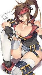 1girls abs arm_belt artist_name bare_shoulders belt belts brown_eyes brown_hair buckle buckles cleavage clothed clothed_female clothing collarbone covered_breasts covered_navel dated female female_focus female_only fingerless_gloves fingernails gender_transformation genderswap_(mtf) gloves guilty_gear guilty_gear_xrd headband headgear headwear highres hot_pants hotpants jk0073 kuma_(jk0073) large_breasts legwear lips long_hair looking_at_viewer muscle muscles muscular muscular_female parted_lips ponytail rule_63 shiny shiny_hair shiny_skin signature socks sol_badgal sol_badguy teeth thigh thigh_strap thighhighs thighs tight_clothing white_background white_legwear