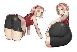 1girls all_fours ass big_ass big_butt clothing digital_media_(artwork) eye_contact female female_focus female_only green_eyes huge_ass huge_butt large_ass looking_at_viewer looking_back medium_breasts naruto naruto_(series) naruto_shippuden on_all_fours on_side outfit panties_visible_through_clothing pantylines pink_hair presenting presenting_ass sakura_haruno short_hair simple_background skirt solo solo_female solo_focus tenguro thick thick_thighs thighs tight_clothes tight_clothing tight_pants white_background