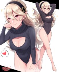 1girls absurdres arms_up artist_name barefoot black_hairband black_leotard blonde_hair bottomless breasts cleavage cleavage_cutout closed_mouth clothing_cutout commentary corrin_(fire_emblem) corrin_(fire_emblem)_(female) feet fire_emblem fire_emblem_fates grin hairband headband highleg highleg_leotard highres legs leotard leotard_sweater long_hair long_legs long_sleeve_leotard long_sleeves looking_at_viewer manakete meme_attire multiple_views nintendo open-chest_sweater pointy_ears red_eyes ribbed_leotard sarukaiwolf simple_background smile solo sweater thighs turtleneck turtleneck_leotard turtleneck_sweater white_hair