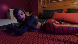 1girls 3d ass bed bedroom black_eyes black_hair black_lipstick blender female fortnite fully_clothed pale_skin red_pants sorana_(fortnite) tagme vranimeted