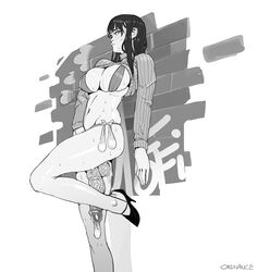 1futa big_breasts black_hair bra cleavage condom dickgirl filled_condom flaccid futa_only futanari high_heels large_penis long_hair moffi_(ordnance) monochrome ordnance penis shirt_lift sweat sweater thong