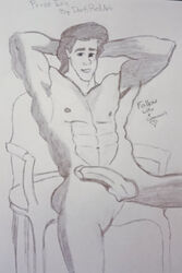 1boy abs armpit_hair armpits arms_behind_head arms_up bara black_hair blue_eyes darkredarts disney eric_(the_little_mermaid) hair hairy hairy_chest half-erect male male_only nude pecs penis presenting prince_eric sitting_on_chair smile smirk solo spread_legs the_little_mermaid