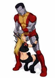 1boy 1girls ass blonde_hair brother_and_sister colossus fellatio high_heel_boots high_heels incest magik_(illyana_rasputin) marvel metal_skin oral oral_sex penis piotr_rasputin sketchlanza testicles x-men