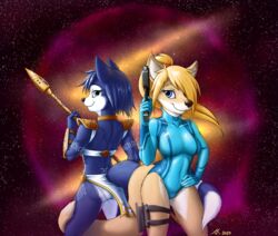 2girls anthro anthrofied armor ass atticuskotch back_to_back bikini blaster blonde_hair bottomless bounty_hunter breasts canid canine clothed clothing female female_fox fox furrification furry furry_ass gun hair hand_on_hip hi_res krystal leotard loincloth looking_at_viewer looking_back mammal metroid nebula nintendo panties presenting presenting_hindquarters ranged_weapon rubber samus_aran science_fiction screw_attack space staff star star_fox swimwear tails_touching thigh_touch tight_clothing touching_thigh unconvincing_armor underwear video_games weapon zero_suit