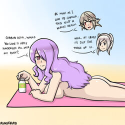 1boy 2girls ass beach beach_towel camilla_(fire_emblem) corrin_(fire_emblem) corrin_(fire_emblem)_(male) elf fire_emblem fire_emblem_awakening fire_emblem_fates hair_over_one_eye nintendo nude one_eye_covered robin_(fire_emblem) robin_(fire_emblem)_(female) rukotaro sideboob solo sunscreen very_long_hair