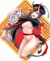 absurdres bangs bell beret blush breasts eyeliner fate/grand_order fate_(series) female fingernails flats groin hat heroic_spirit_festival_outfit highres horns huge_filesize jiangshi jingle_bell legs long_sleeves looking_at_viewer makeup medium_breasts navel nipples nude ofuda oni oni_horns open_mouth outstretched_arms paid_reward patreon_reward peacock_feathers pelvic_curtain purple_eyes purple_hair qing_guanmao red_nipples rei_kun sash sharp_fingernails short_eyebrows short_hair shuten_douji_(fate) smile solo stomach thighs very_long_fingernails