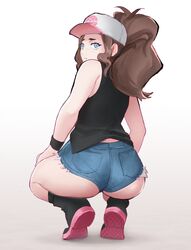 1girls 2019 ass back baseball_cap big_ass black_shirt blue_eyes boots booty_shorts brown_hair clothed clothes dat_ass denim denim_shorts deviantart eye_contact female female_only hat hilda_(pokemon) human human_only long_hair looking_at_viewer looking_back nintendo pantylines pokemon pokemon_bw ponytail shoes short_shorts shorts squatting tenguro thick_thighs vest wide_hips wristband