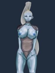 angel_(dragon_ball) blue_eyes blue_skin breasts closed_mouth clothed clothed_female clothing dragon_ball dragon_ball_super erect_nipples female large_breasts lingerie-thief long_hair nipples ponytail solo tied_hair vados white_hair