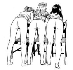 3girls anus ass aurore_(mia_micheal) barefoot bent_over black_and_white bottomless bruce_morgan chair female female_only femsub hairy_pussy mia_michael monochrome multiple_girls multiple_subs original pussy