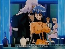 1990s 1995 1boy 1boy1girl 1girls 2d 2d_(artwork) 2d_animation 480p 640x480 90s alcohol_bottles alcoholic_beverage alcoholic_drink animated animated_gif bartender being_watched blue_hair bouncing_breasts breasts cool_devices elbow_gloves exhibitionism female gif human male nipple_piercing nipples nutech_digital oldschool pink_pineapple public retro see-through see-through_clothing short_hair staring surprised transparent_clothing walking watching