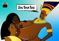 1girls 2boys breast_grab breast_sucking brown_skin crown dark-skinned_female drinking_milk drooling egyptian feeding female jewelry lactation large_breasts large_nipples male milking newdity paizuri pose queen queen_titahatenamun_ebonee servants sweat tale_of_ebonee tan_skin threesome titjob visible_nipples yellow_eyes younger_male