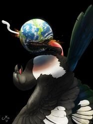 2019 animal_genitalia animal_penis avian beak bird black_billed_magpie bodily_fluids corvid cum earth feathers feral genital_fluids genitals hi_res macro magpi male_only penis planet solo wings